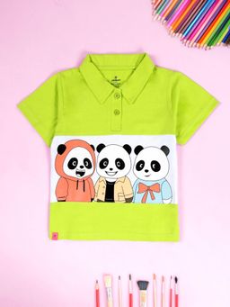 KiddoPanti - Girls Green Cute Cartoon Panda Printed Polo T-Shirt