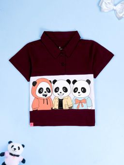 KiddoPanti - Girls Brown Cute Cartoon Panda Printed Polo T-Shirt