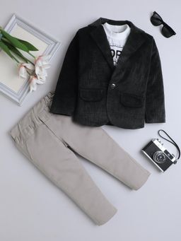 FOURFOLDS - Boys Black Velvet Textured Blazer and Trouser with T-Shirt
