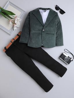 FOURFOLDS - Boys Green Velvet Textured Blazer and Trouser with T-Shirt