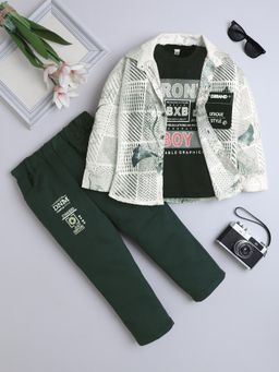 FOURFOLDS - Boys Dark Green Printed Shirt and Trouser with T-Shirt