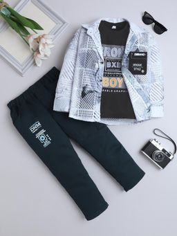 FOURFOLDS - Boys Navy Blue Printed Shirt and Trouser with T-Shirt