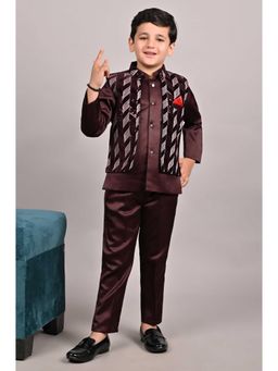 FOURFOLDS - Boys Maroon Velvet Sequined Embroidered Blazer and Trouser with Waistcoat