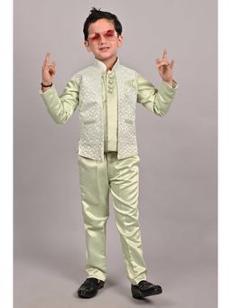 FOURFOLDS - Boys Green Jacquard Arch Sequined Indo Western Blazer and Trouser