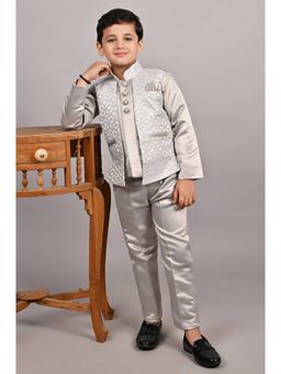 FOURFOLDS - Boys Grey Jacquard Arch Sequined Indo Western Blazer and Trouser