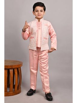 FOURFOLDS - Boys Pink Jacquard Arch Sequined Indo Western Blazer and Trouser