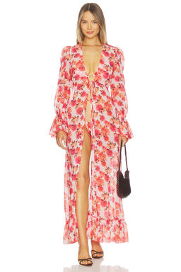 Bananhot - Berta Women's Floral Front-Tie Flounced Sleeve Swim Cover-Up Pink