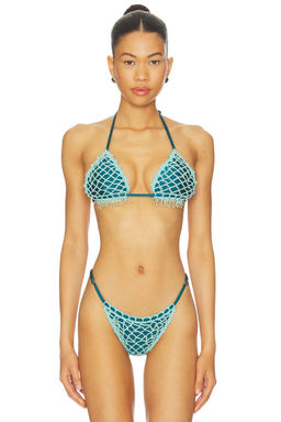 Capittana - Hand-Knitted Women's Beaded Fringe Tie-Up Bikini Top Jade