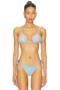 Capittana - Missy Flowers Women's Embroidered Tie-Up Bikini Top Blue