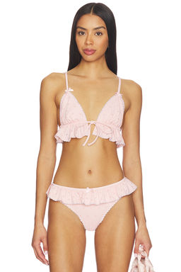 For Love & Lemons - Polka Dot Ruffle Women's Eyelet Tie-Front Bikini Top Peach