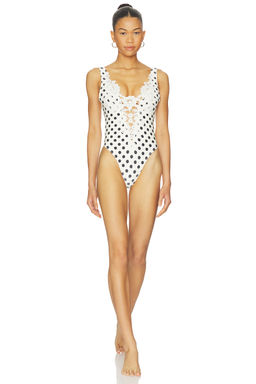 For Love & Lemons - Lelani Women's Lace Trim Deep V One-Piece Swimsuit Cream