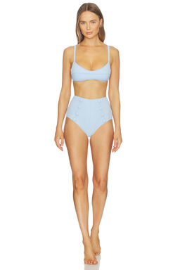 Lisa Marie Fernandez - Seersucker Women's Unpadded Balconette High-Waist Bikini Set Blue