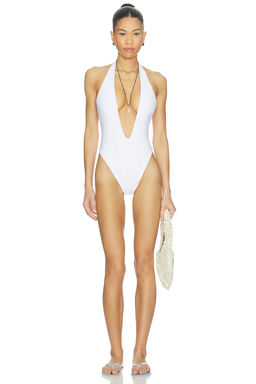 lovewave - Bonnie Women's Halter Neck Plunging One Piece Swimsuit White