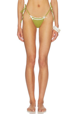 LIONESS - Azuri Women's Side Tie Lace Trim Bikini Bottom Olive