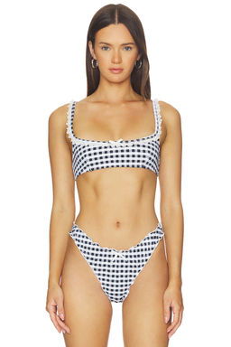 LIONESS - Tide Women's Unpadded Lace Trim Bikini Top Noir Check
