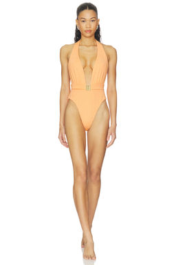 La Porte - Bianca Women's Halter Neck Gold Hardware One-Piece Swimsuit Coral