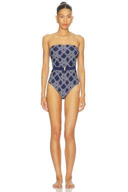 Milly - Rope Print Women's Detachable Straps Belted One Piece Swimsuit Navy Blue