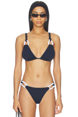 Nau Bikinis - Rope Contrast Women's Crinkled Tie-Up Bikini Top Navy Blue