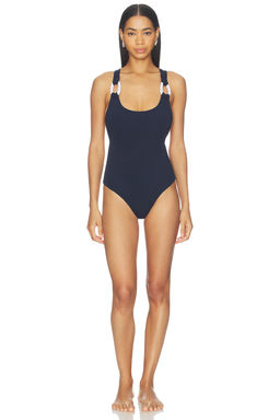 Nau Bikinis - Rope Contrast Women's Crinkled Back Tie One-Piece Swimsuit Navy Blue