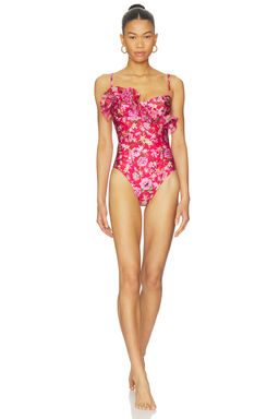 Patbo - Peony Print Women's Underwired Ruffle Bodysuit Red