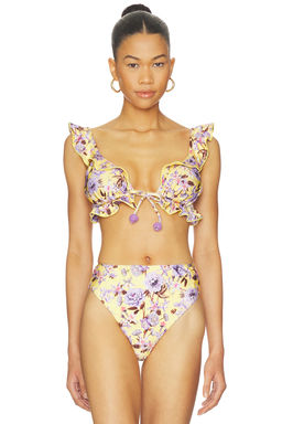 Patbo - Peony Print Women's Padded Ruffle Bikini Top Yellow