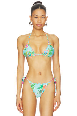 PQ - Embroidered Lettuce Edge Women's Padded Halter Bikini Top Blue