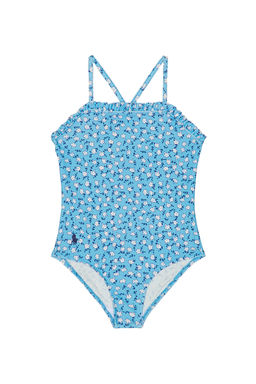 POLO RALPH LAUREN - Floral Printed Women's Ruffle Neck One-Piece Swimsuit Blue