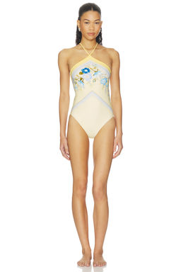 self-portrait - Floral Women's Halter Neck One-Piece Swimsuit Yellow