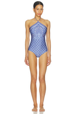 Shani Shemer - Printed Women's Halter Neck One-Piece Swimsuit Indigo