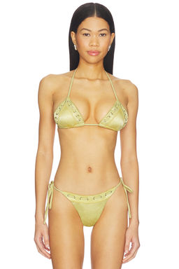 With Jean - Juni Eyelet Lace Up Women's Halter Padded Bikini Top Yellow