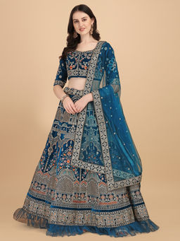 Amrutam Fab - Womens Bridalwear Blue Color Work Lehenga Choli (Set of 3)
