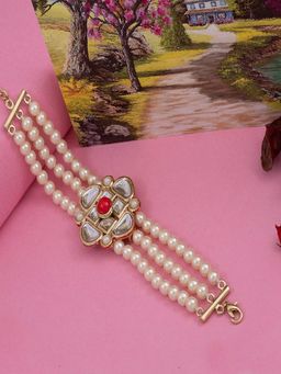 Estele - Gold Plated Fashionable 3 String Pearl Wrap Bracelet with Kundan for Women