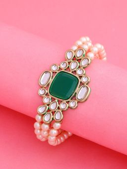 Estele - Gold Plated Traditional 3 String Royal Emerald Pearl Kundan Bracelet for Women