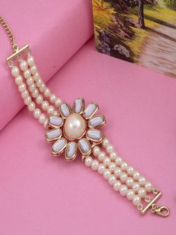 Estele - Gold Plated Floral 3 String Pearl Bracelet with Kundan for Women