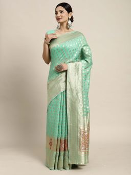 Sareemall - Women Cotton Silk Green Woven Saree with Unstitched Blouse