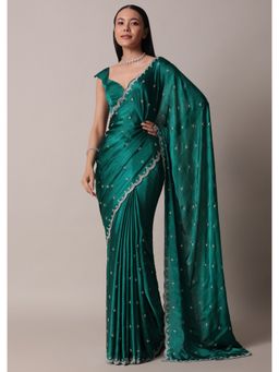 KALKI FASHION - Peacock Green Pre-Draped Saree In Satin Chinon with Scallop Border & Unstitched Blouse