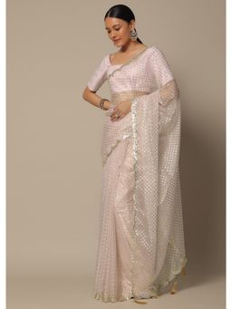 KALKI FASHION - White Organza Pre-Draped Saree with Foil Print & Unstitched Blouse