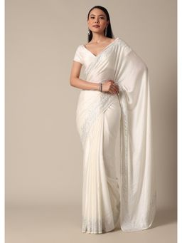 KALKI FASHION - Dazzling White Pre-Draped Saree with Swarovski Elegance & Unstitched Blouse