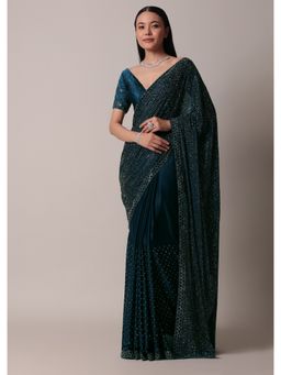KALKI FASHION - Navy Blue Satin Pre-Draped Saree with Swarovski Stones & Unstitched Blouse