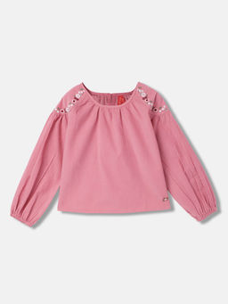 Blue Giraffe - Girls Pink Solid Round Neck Full Sleeves Top