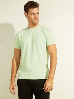 Guess - Green Cotton Blend Solid Round Neck T-Shirt