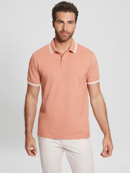 Guess - Coral Cotton Blend Solid Round Neck Polo T-Shirt