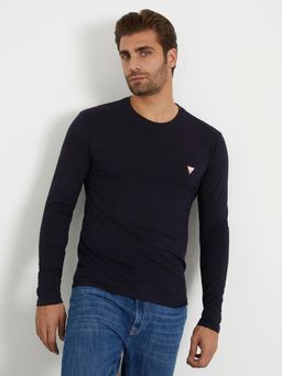 Guess - Navy Blue Cotton Blend Solid Round Neck T-Shirt