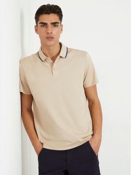 Guess - Beige Cotton Blend Solid Collar Neck Polo T-Shirt