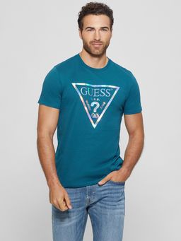 Guess - Teal Pure Cotton Printed Round Neck T-Shirt