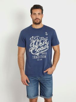 Guess - Blue Pure Cotton Typography Printed Round Neck T-Shirt