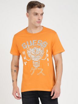 Guess - Orange Pure Cotton Printed Round Neck T-Shirt