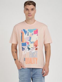 Guess - Pink Pure Cotton Typography Printed Round Neck T-Shirt