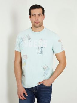 Guess - Turquoise Pure Cotton Printed Round Neck T-Shirt