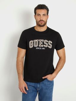 Guess - Black Pure Cotton Embroidered Round Neck T-Shirt